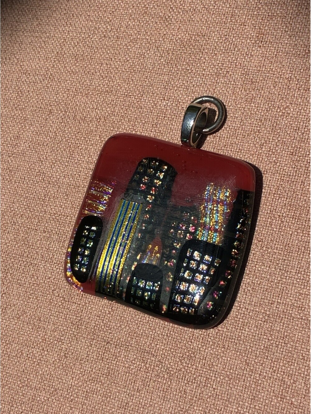 Artisan Dichroic Glass Cityscape Pendant Red Fused Glass 1.5” Square